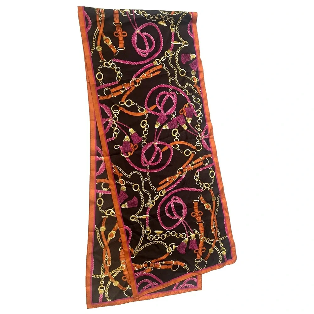 100% Silk Scarf Long Retangular Equestrian Themed Belt Chain Tassel Print
